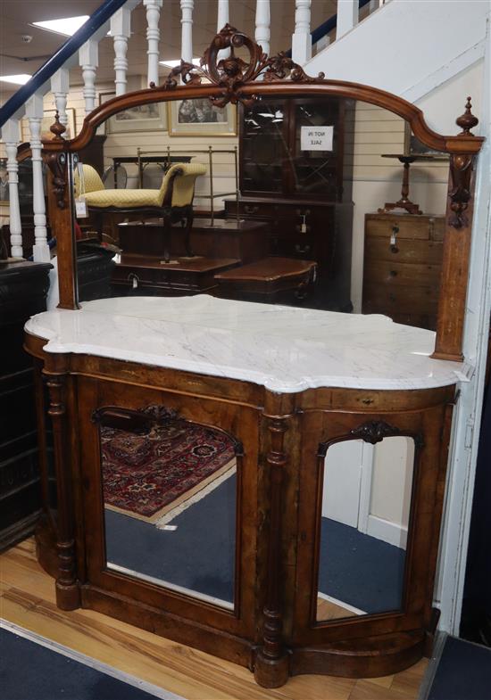 A Victorian burr walnut marble top mirrored back credenza W.154cm